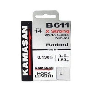 Kamasan B611 – X Strong Wide Gape Nickel Hooks to Nylon Barbed